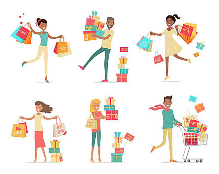 购物,人,矢量,概念,设计,收集,微笑,女人,男人,礼盒,纸袋,手推车,商品,高兴,购买,销售,折扣