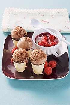 可可,冰淇淋,热,树莓