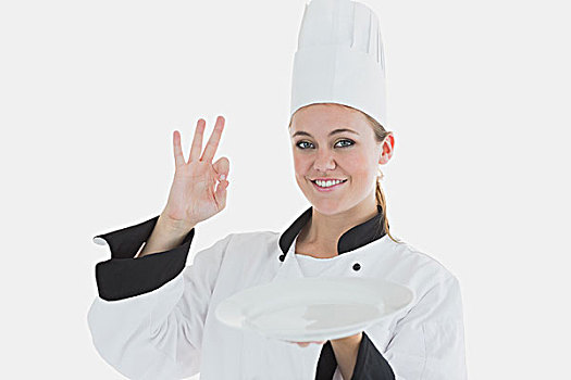头像,高兴,女性,厨师,拿着,ok,手势,上方,白色背景