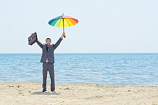 男人,伞,海滩