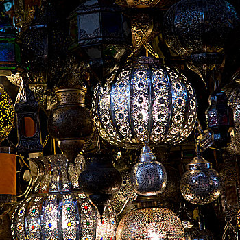 展示,灯笼,出售,市场货摊,麦地那,马拉喀什,摩洛哥