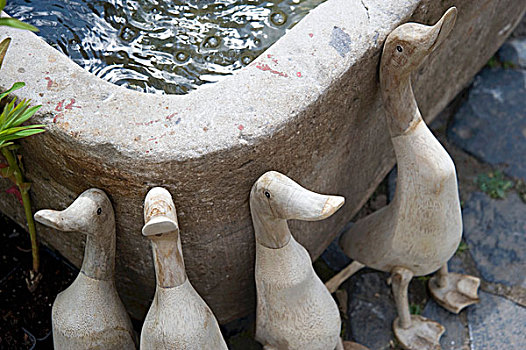 木质,鹅,靠近,石头,喷泉