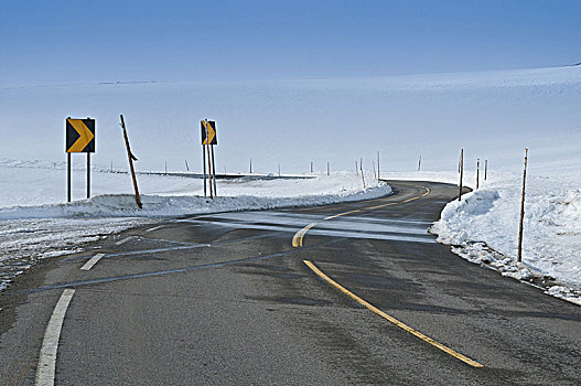 山路,高原,弯曲,冬天,木质,柱子,道路,西部,地点,耶卢,风景,积雪,山景,布斯克鲁德,挪威