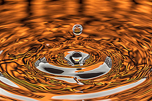 两个,静水,水滴,形状,溅,橙色,图案,反射,水