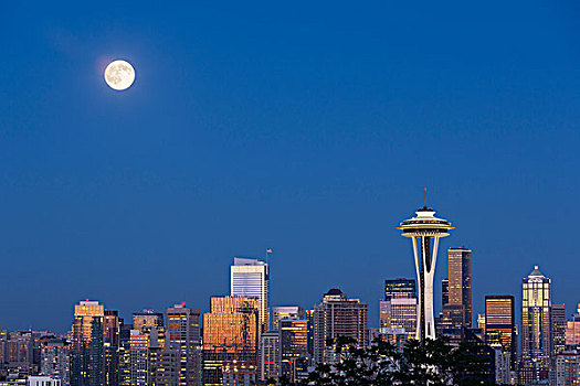 华盛顿,西雅图,天际线,风景,公园,满月
