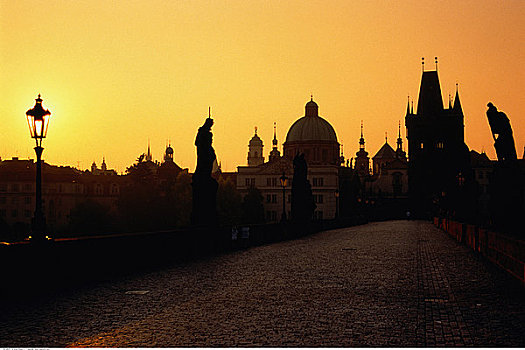 查理大桥,日落,布拉格,捷克共和国