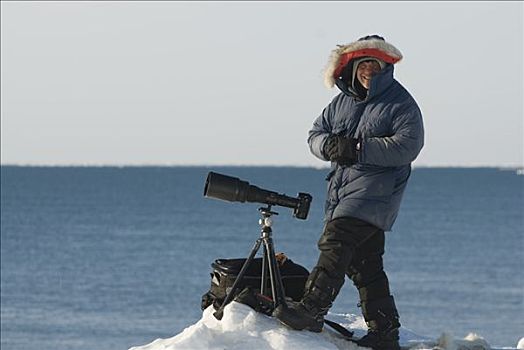摄影师,相机,三脚架,帐蓬,露营,区域,北极圈,海岸,春天,阿拉斯加