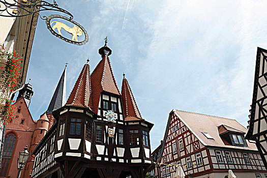城镇,围绕,半木结构,房子,市场,奥登瓦尔德,黑森州,德国,欧洲