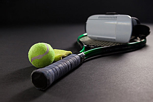 特写,虚拟现实,网球拍,球,黑色背景