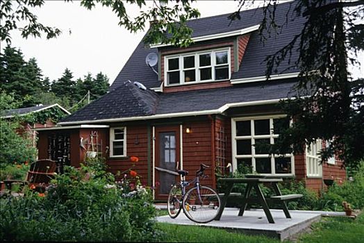 魁北克,马格达伦群岛,岛屿,木屋,绿色植物,桌子,自行车,平台