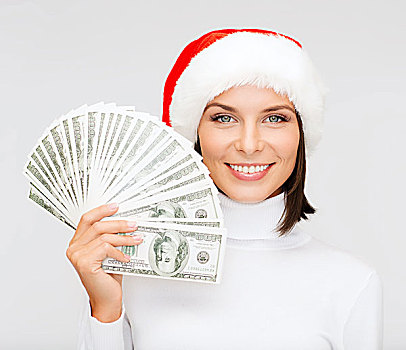 圣诞节,圣诞,销售,银行,概念,微笑,女人,圣诞老人,帽子,美元,钱