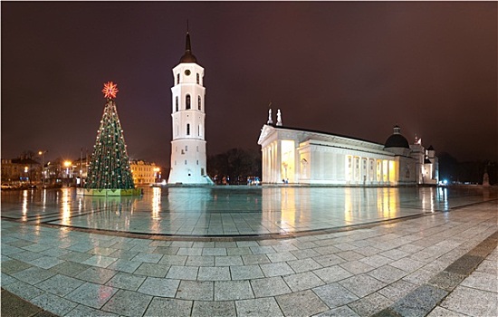 维尔纽斯,大教堂,圣诞节,夜晚,立陶宛,欧洲