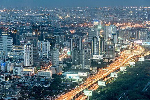 天际线,摩天大楼,光亮,街道,城市,黄昏,曼谷,泰国,亚洲