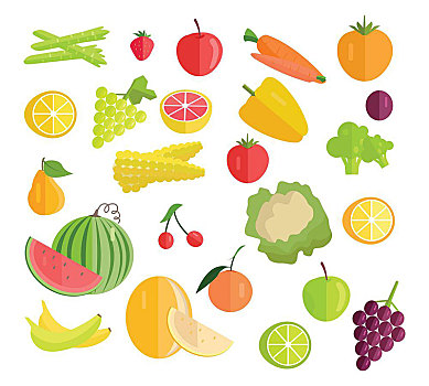 水果,蔬菜,矢量,设计,胡萝卜,梨,苹果,卷心菜,柠檬,葡萄,玉米,土豆,香蕉,橙色,樱桃,西瓜,柚子,胡椒,李子,芦笋,草莓,插画