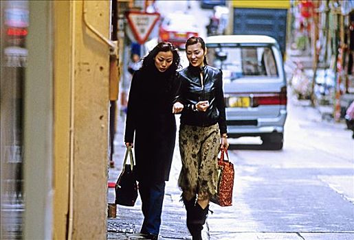 香港,市中心,两个,中国,女人,街道,购物袋