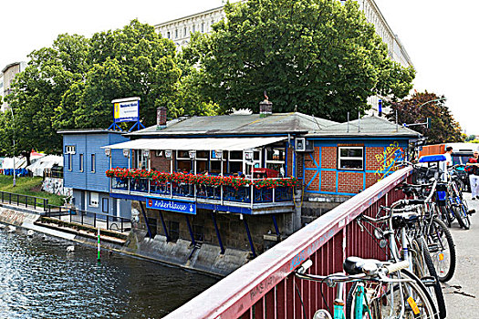 自行车,栏杆,上方,运河,柏林,德国
