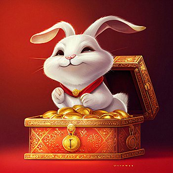 可爱的兔子坐在一堆金币上