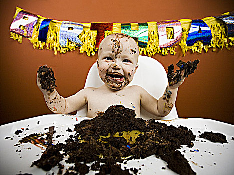 婴儿,吃,生日蛋糕