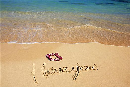 夏威夷,青绿色,海洋,水,泡沫,岸边,兰花,花环,我爱你,书写,沙子