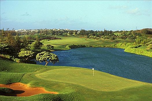 夏威夷,考艾岛,俯视,坡伊普,湾,高尔夫球场,洞,旗帜,水障碍