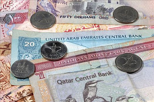 货币,硬币,卡塔尔,巴林,阿联酋