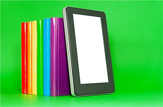 排,彩色,书本,平板电脑