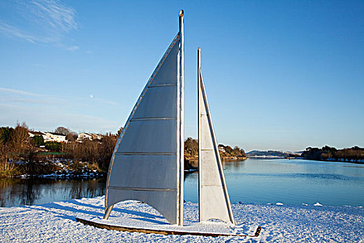 帆船,积雪,岸边,湖,冬天,科克郡,爱尔兰