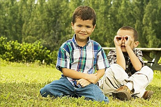 肖像,两个男孩,坐,草地