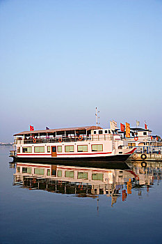 反射,游览船,湖,海得拉巴,安得拉邦,印度