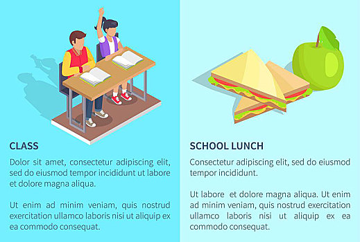 班级,两个,学生,苹果,靠近,三明治,男孩,女孩,坐,书桌,翻开,课本,在校午餐,插画,文字,蓝色背景