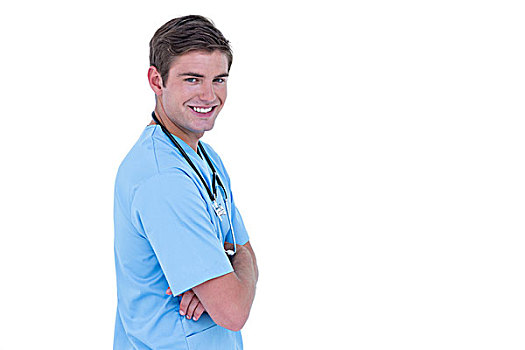 年轻,医护人员,蓝色,长套衫,白色背景