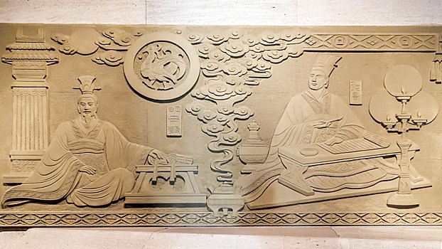 秦朝人物赵高胡母敬砂岩壁画,河南省安阳中国文字博物馆浮雕