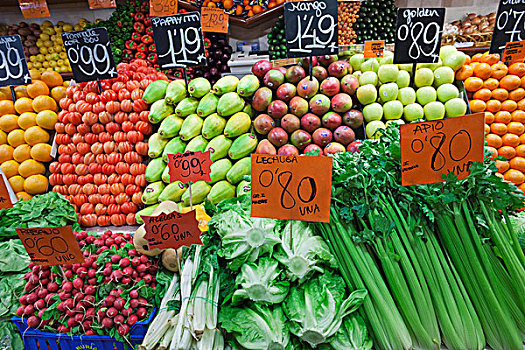 果蔬,货摊,展示,巴塞罗那,加泰罗尼亚,西班牙
