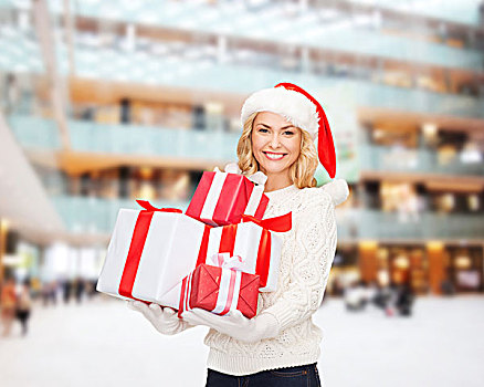 高兴,寒假,圣诞节,人,概念,微笑,少妇,圣诞老人,帽子,礼物,上方,购物中心,背景