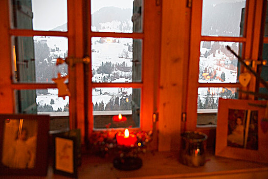 圣诞蜡烛,窗户,远眺,平和,雪景,瑞士