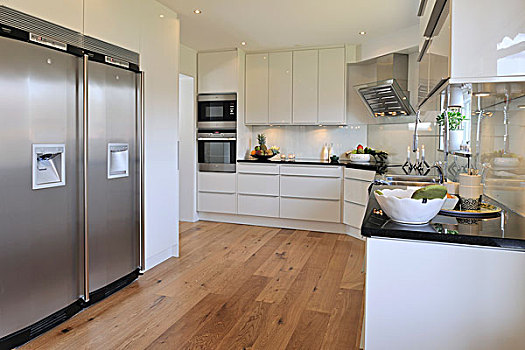 白色,设计师,厨房,木地板,不锈钢