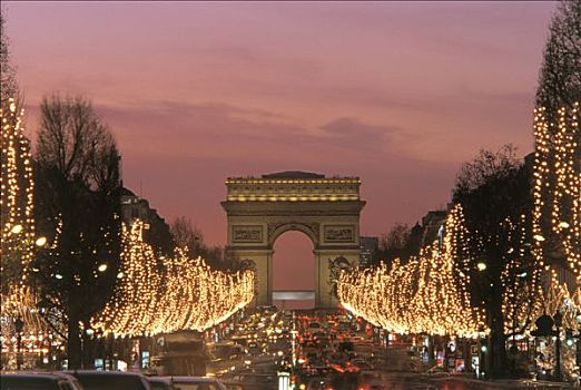 法国,巴黎,黄昏,树,线,亮光,拱形,背影