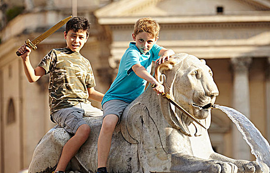 头像,两个孩子,狮子,雕塑,波波罗广场,人民广场,夏天,罗马,拉齐奥,意大利