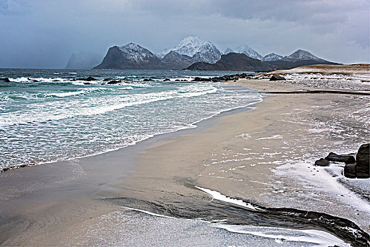 崎岖,山,后面,海滩,罗弗敦群岛,挪威