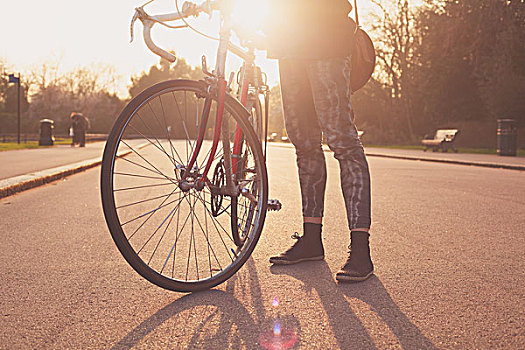 美女,站立,自行车,公园,日落