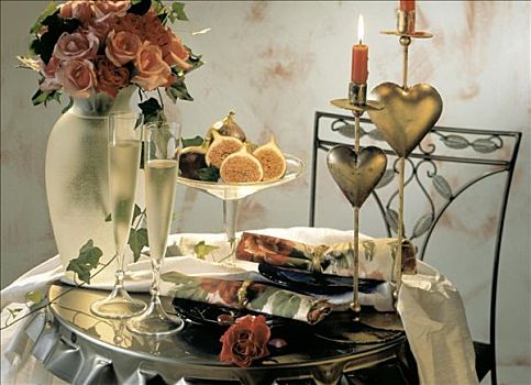 浪漫,桌面布置,玫瑰,香槟,蜡烛