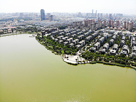 航拍宁夏银川海宝公园北塔湖风光