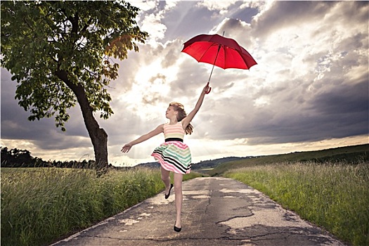 跳跃,女孩,伞