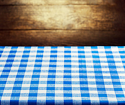 方格,蓝色,桌布,上方,乡村,木质背景