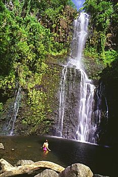 夏威夷,毛伊岛,公路,女人,游泳,威陆亚,瀑布