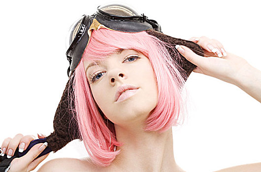 粉红头发,女孩,飞行员,头盔,上方,白人