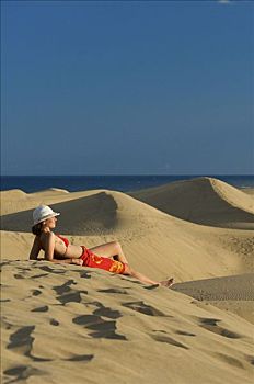 女人,沙丘,大加那利岛,加纳利群岛,西班牙