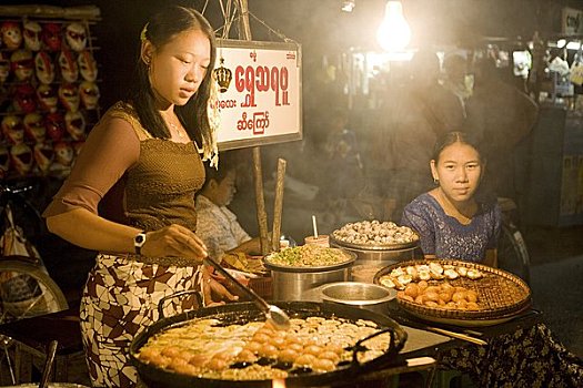 女人,烹调,食物,货摊,曼德勒,缅甸