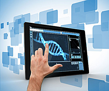男人,接触,平板电脑,基因,界面,蓝色背景,白色背景
