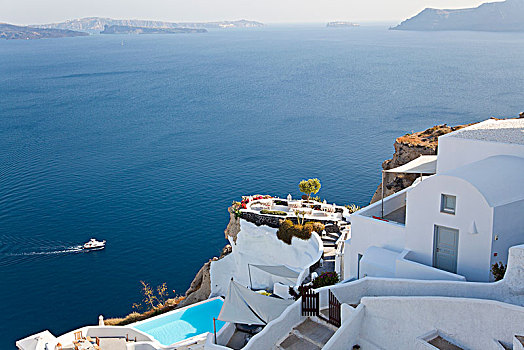 俯拍,传统,刷白,房子,游泳池,希腊,岛屿,船,地中海,远景